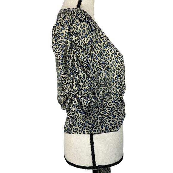 Buffalo David Bitton Small Tie Wrap Top Leopard Lined Surplice Puff Sleeve Multi - Picture 3 of 10